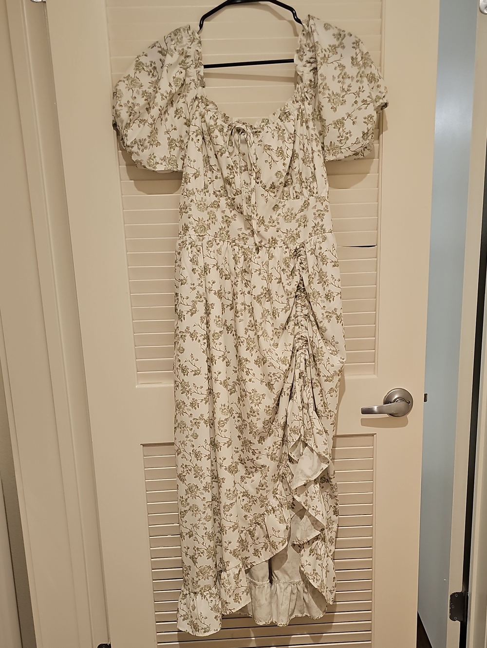 White Floral Ruffle Midi Dress